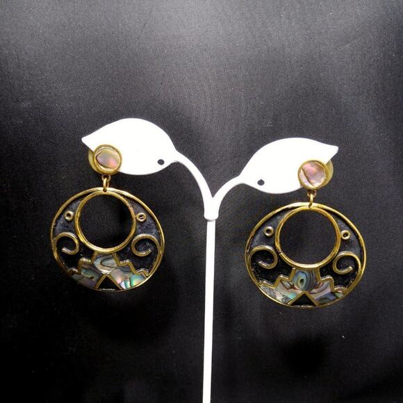 Vintage Mexico Abalone Shell Inlayed Black Enamel Post Earrings, 2 1/4 Inches - Picture 2 of 8